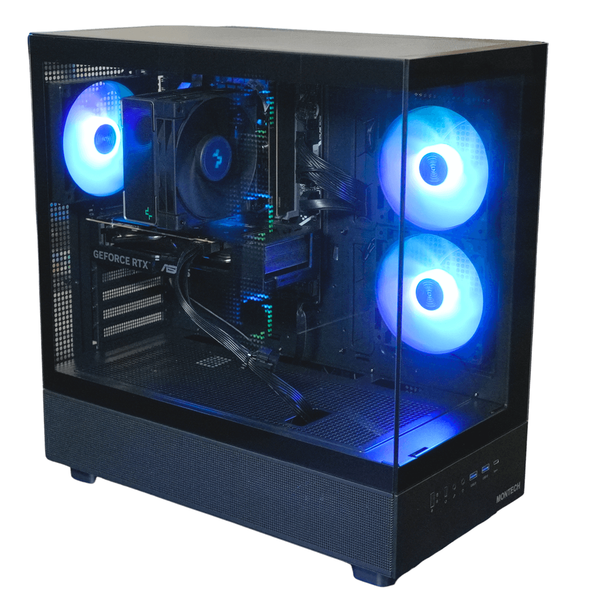 Geekd Top Fragger Pro gaming-computer i Montech XR TG-kabinet med RGB-blæsere