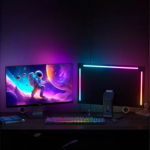 PC Sync RGBIC LED strip monteret bag en 27 tommer skærm med USB-strøm