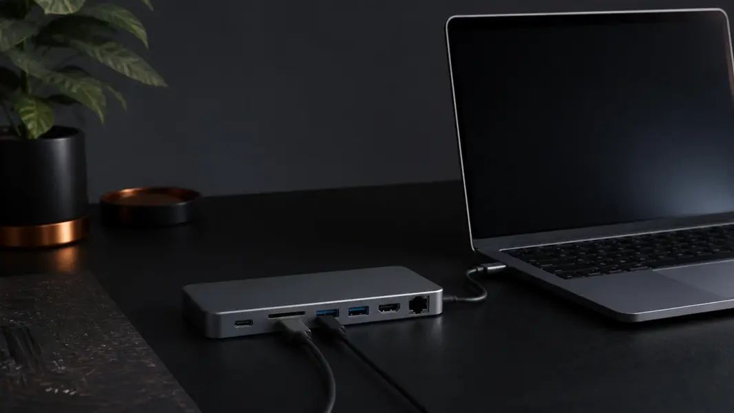 USB-C-dockingstation forbundet til en bærbar computer og en ekstern skærm på et skrivebord