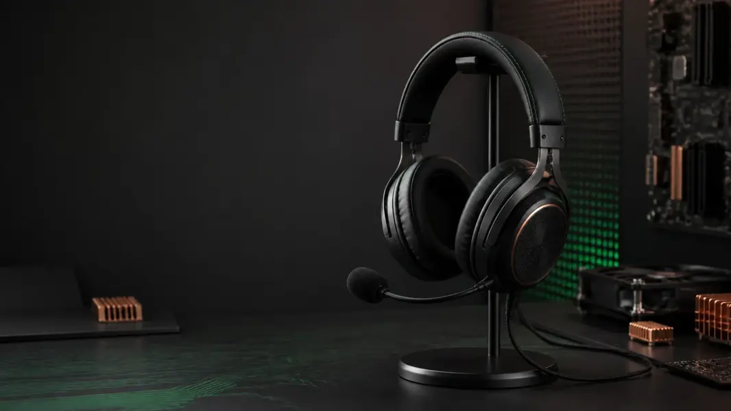 Sort over-ear gaming headset med bøjlemikrofon på et headsetstativ foran en pc med grønt lys