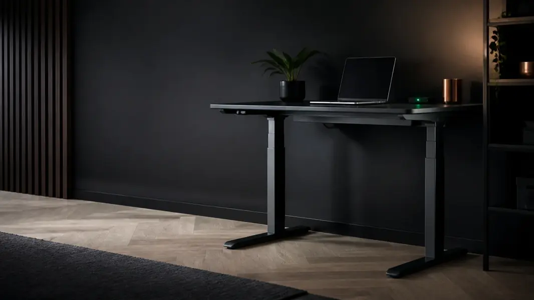 Sort elektrisk hæve-sænkebord med to søjleben og en bærbar computer på bordpladen