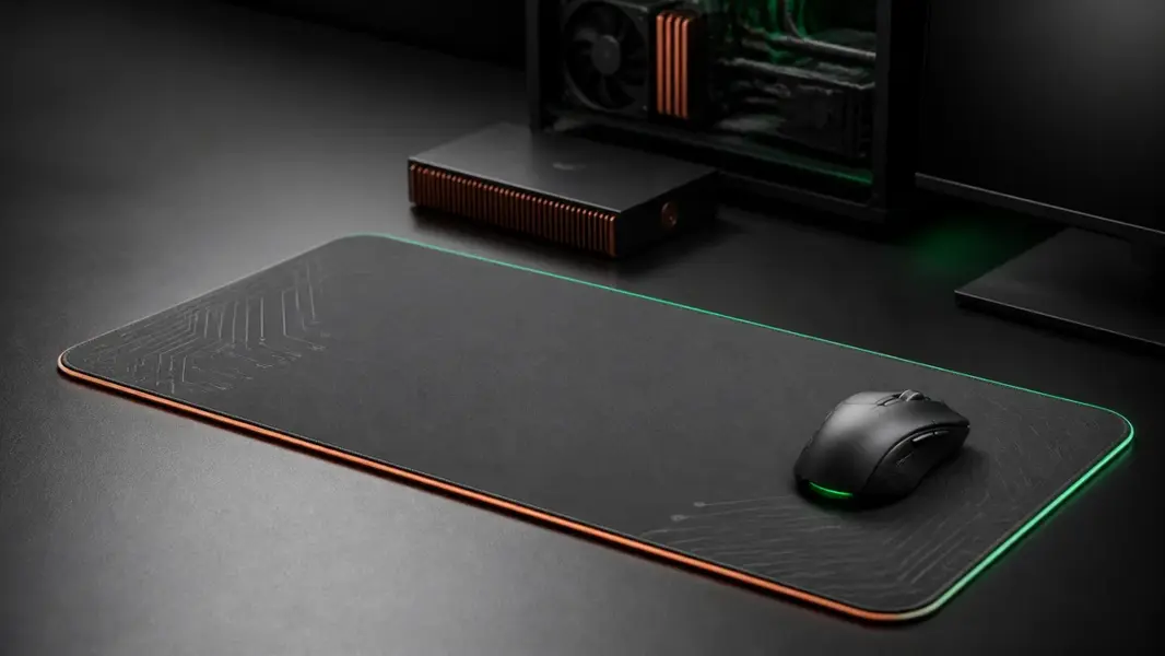 Stor sort deskpad med lysende kant og en trådløs mus på et mørkt skrivebord foran et pc-kabinet