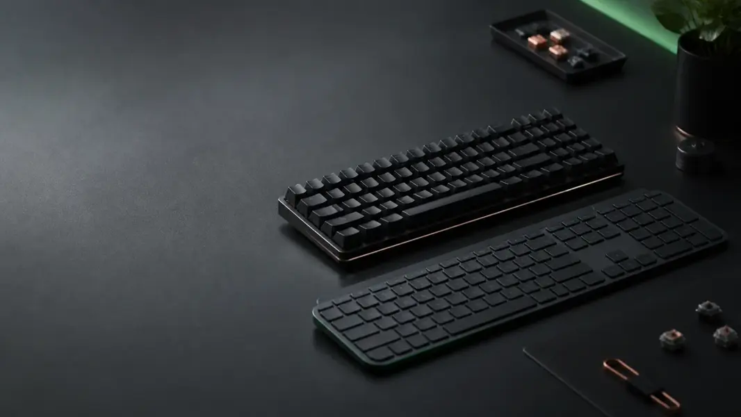 Et kompakt mekanisk tastatur og et slankt trådløst tastatur i fuld størrelse på et mørkt skrivebord med løse switches