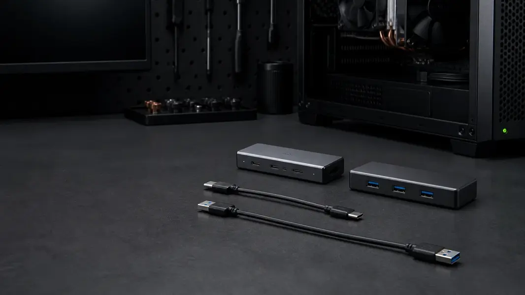 USB-hubs med USB-A- og USB-C-stik på et skrivebord ved siden af en bærbar computer