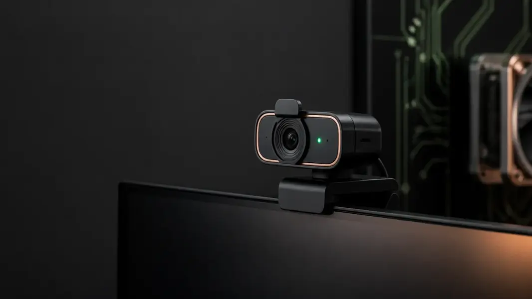 Webcam monteret på kanten af en computerskærm på et hjemmekontor
