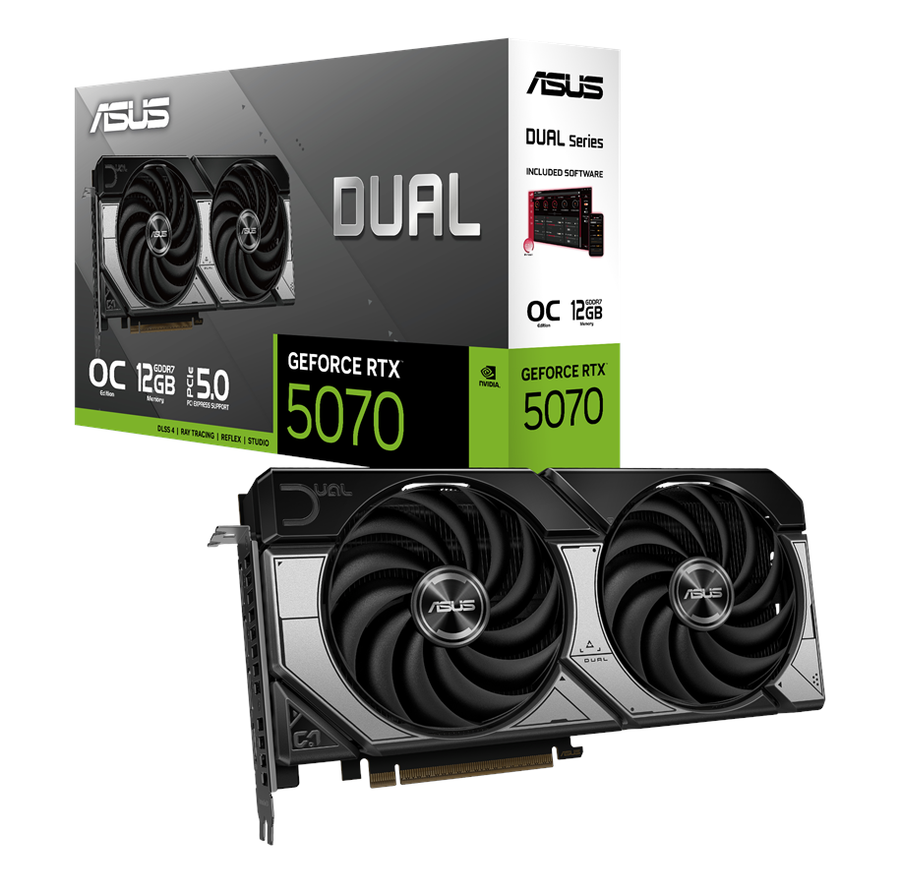 ASUS GeForce RTX 5070 Dual OC grafikkort med hvid dobbeltblæser-køler