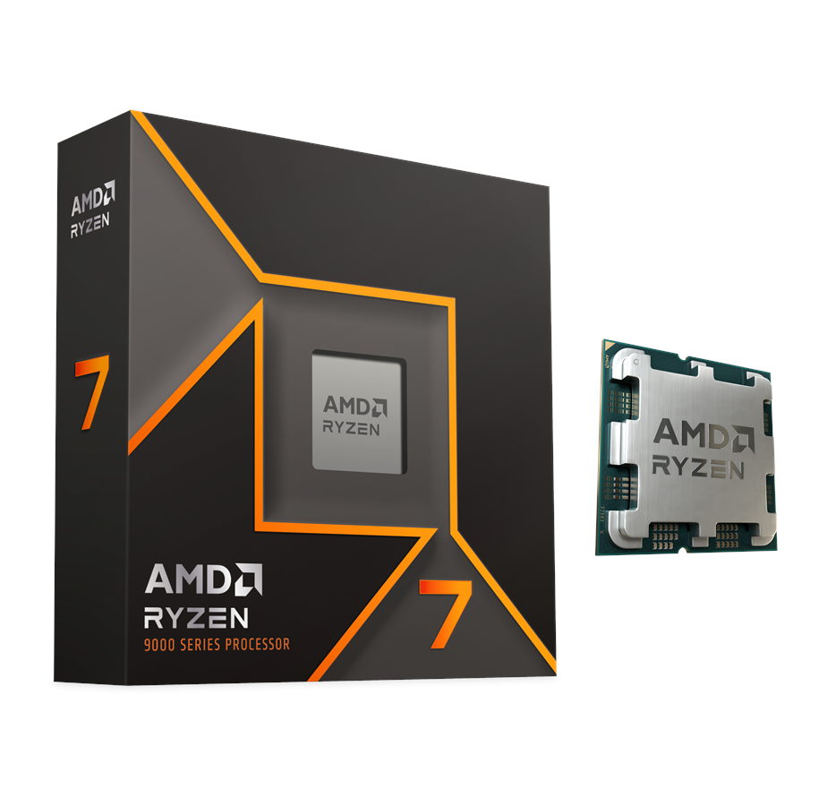 AMD Ryzen 7 9700X processor ved siden af æsken
