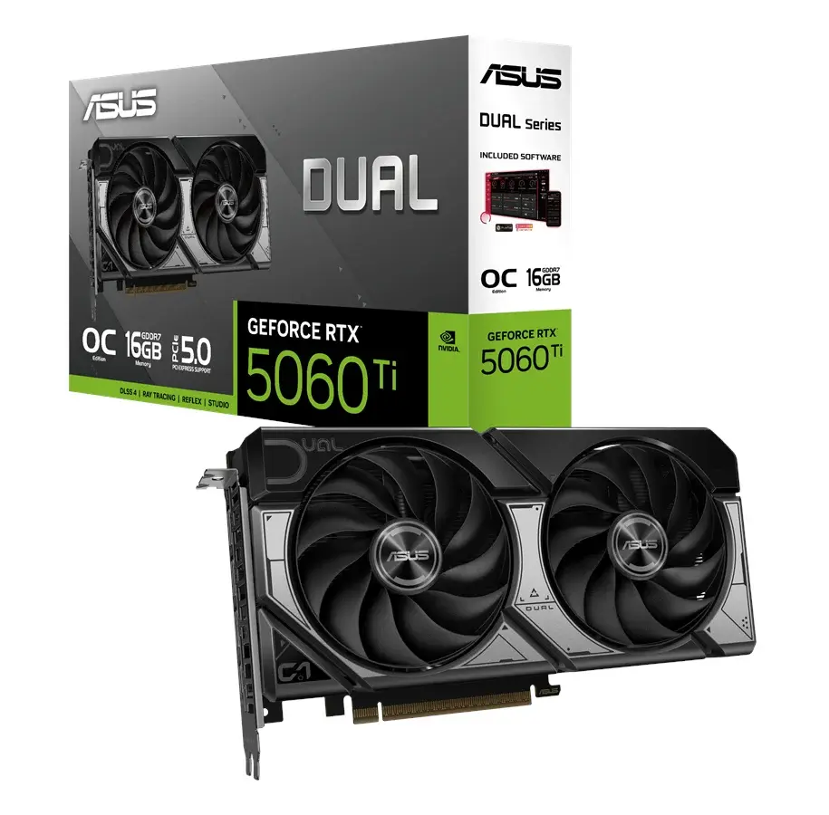 ASUS GeForce RTX 5060 Ti DUAL OC 16 GB grafikkort foran æsken