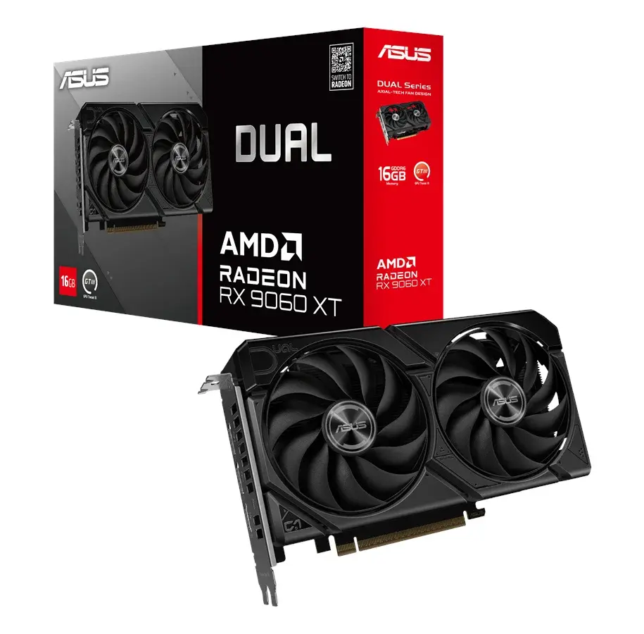ASUS Radeon RX 9060 XT DUAL 16 GB grafikkort foran æsken