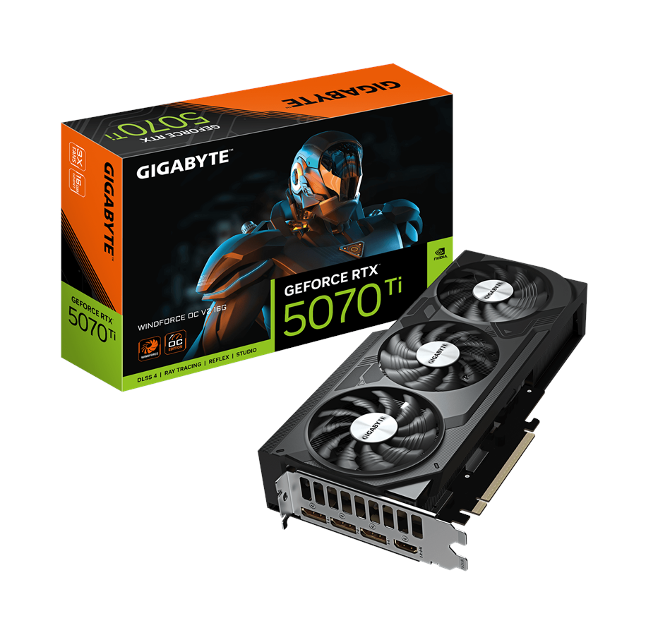 GIGABYTE GeForce RTX 5070 Ti WINDFORCE grafikkort med tre blæsere foran æsken