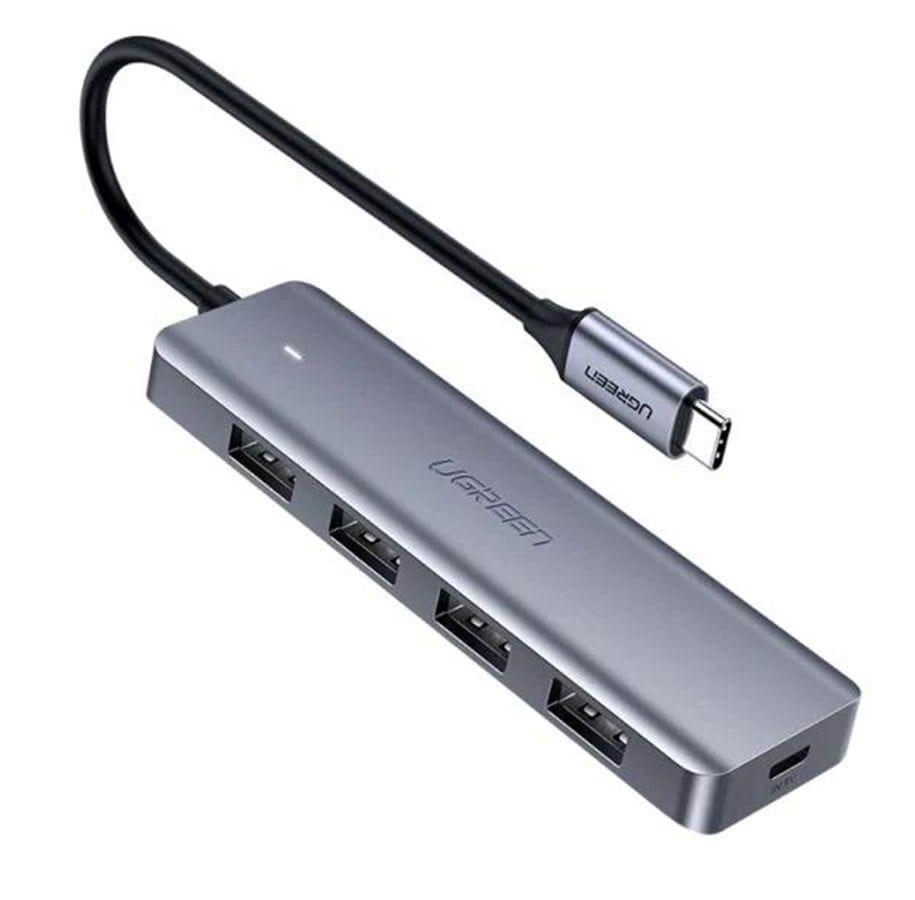 UGREEN 4-in-1 USB-C hub i sølv med fire USB-A-porte