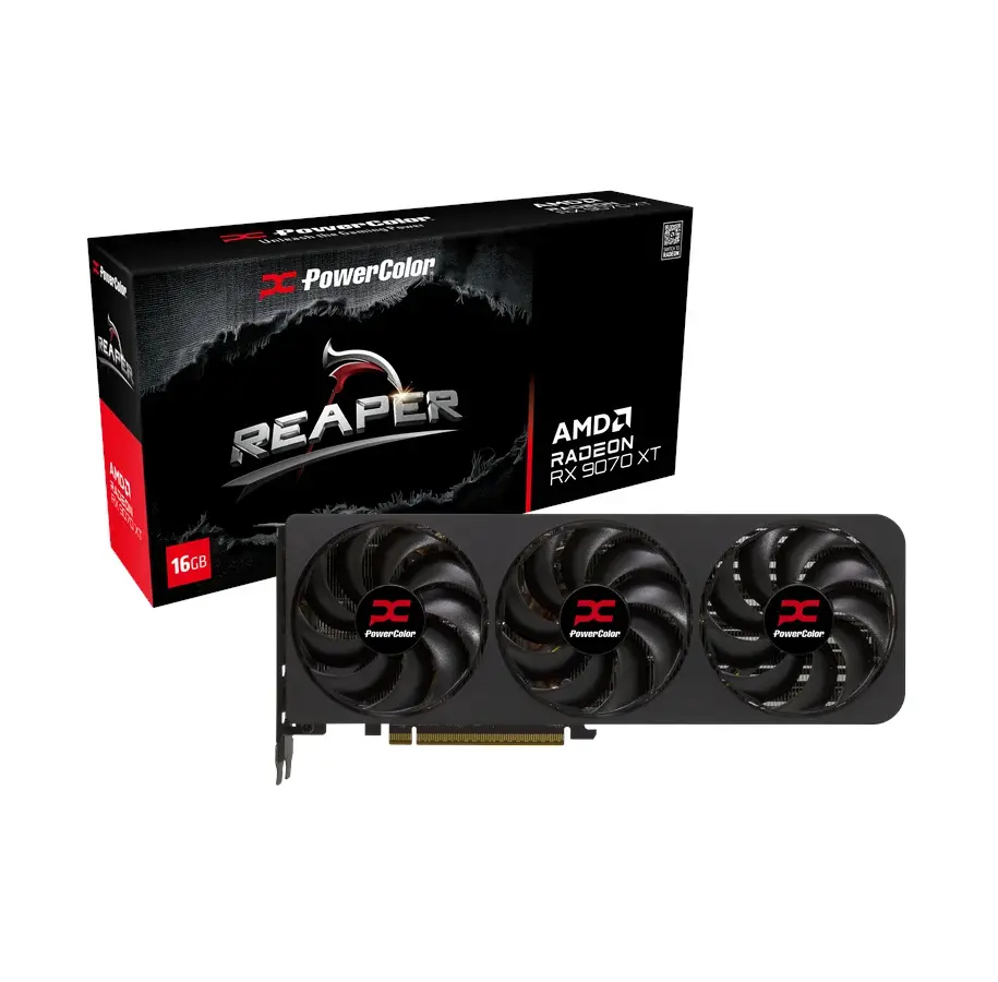 PowerColor Radeon RX 9070 XT Reaper grafikkort med tre blæsere foran æsken